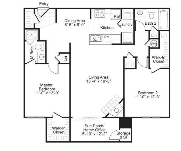 Floor plan for 2 beds, 2 baths, 1120 sqft